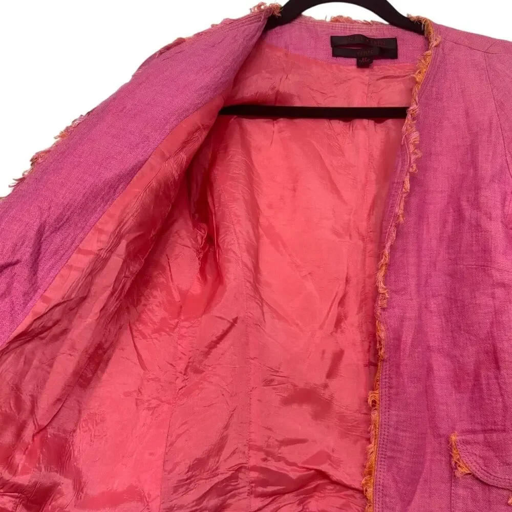 Anne Klein Linen Blazer Pink Orange Fringe Petite 6P Shoulder Pads‎ Y2K Revival
